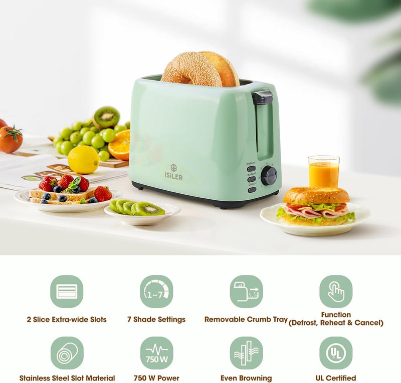 ISILER 2 Slice Toaster, 1.3 Inches Wide Slot Bagel Toaster with 7 Shade Settings and Double Side Baking, Removable Crumb Tray, Defrost Cancel Function Green - Image 2